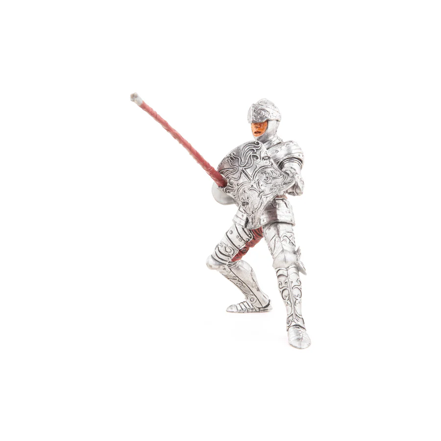 RYTÍŘ VE STŘÍBRNÉM BRNĚNÍ S DŘEVCEM